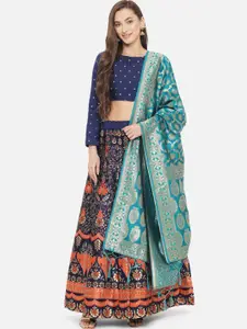 Mitera Blue & Gold-Toned Ready to Wear Lehenga & Unstitched Blouse With Dupatta