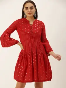 Saanjh Red & Silver-Toned Cotton Striped Self Design Shimmery Detail A-Line Dress