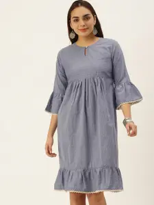 Saanjh Women Grey & Off White Pure Cotton Self Design A-Line Dress