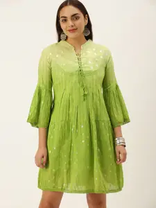 Saanjh Women Lime Green & Silver Geometric Print A-Line Dress
