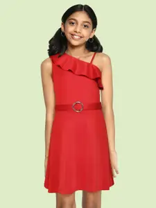 Allen Solly Junior Girls Red Solid One Shoulder Dress