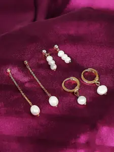 Accessorize London Women Set of 3 14K Gold Plated Pearl Drop & Hoops Earrings