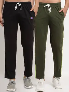 VIMAL JONNEY Men Pack Of 2 Black & Olive Green Solid Regular Fit Track Pants