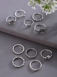 SOHI Women Pack Of 10 Silver-Plated Oxidised Finger Rings