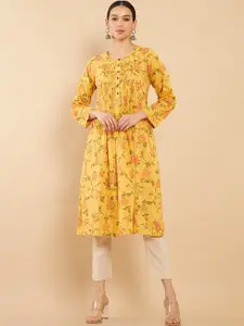 Soch Women Yellow Floral Printed Cotton Slub A-Line Fit Kurta