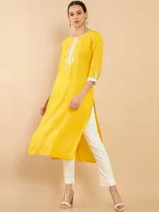 Soch Women Yellow Floral Embroidered Straight Fit Kurta
