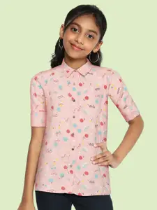 Allen Solly Junior Girls Pink & Turquoise Blue Conversational Printed Casual Shirt