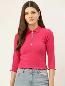 BROOWL Women Pink Self Striped Polo Collar T-shirt