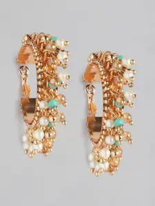 Blueberry Cream-Coloured & Sea Green Gold-Plated Beaded Crescent Shaped Half Hoop Earrings