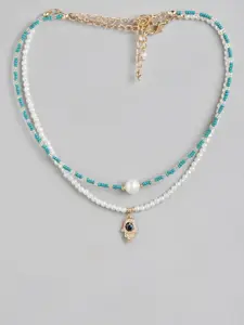 Blueberry Set of 2 Blue & White Gold-Plated Handcrafted Hamsa Beaded Necklace