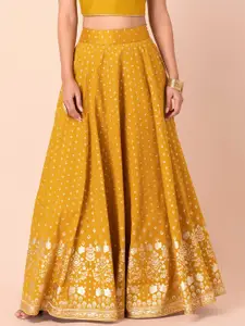 INDYA Women Yellow & Gold-Coloured Ethnic Printed Kalidar Maxi-Skirt