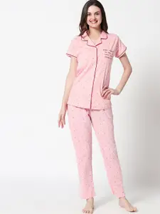 Zeyo Women Pink Printed Pure Cotton Night suit