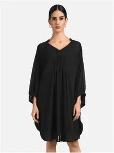 ATTIC SALT Women Black Georgette Loose Fit A-Line Dress