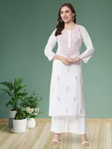 PARAMOUNT CHIKAN Women Pink Floral Cotton Embroidered Chikankari Kurta