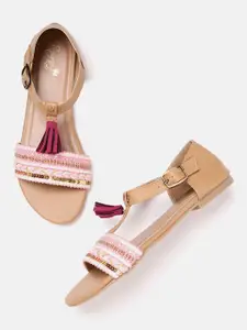 Sangria Girls Pink & Gold-Toned Ethnic Embellished T-Strap Flats with Tassels