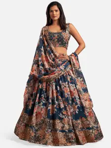 SHOPGARB Blue & Orange Embellished Sequinned Semi-Stitched Lehenga & Unstitched Blouse With Dupatta