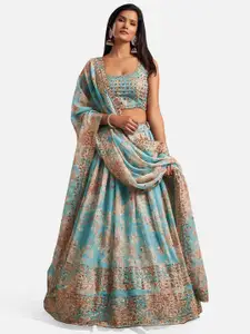 SHOPGARB Turquoise Blue & Beige Embellished Sequinned Semi-Stitched Lehenga & Unstitched Blouse With Dupatta