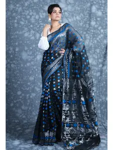 Charukriti Black & Blue Ethnic Motifs Zari Silk Cotton Jamdani Saree