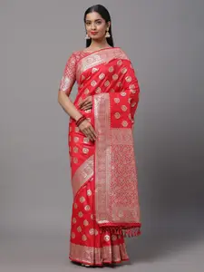 Mitera Red & Gold-Toned Woven Design Silk Blend Banarasi Saree