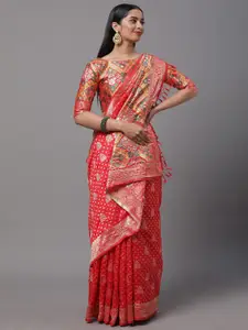 Mitera Red & Green Ethnic Motifs Zari Silk Blend Dharmavaram Saree