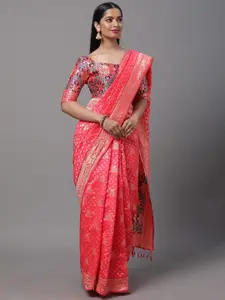 Mitera Pink & Blue Ethnic Motifs Zari Silk Blend Saree