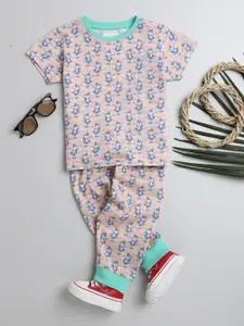 BUMZEE Girls Peach-Coloured & Blue Printed Cotton Night suit