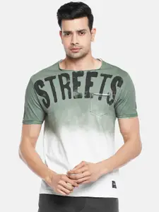People Men White & Sage Green Typography Printed Pure Cotton T-shirt