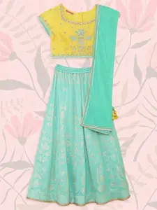 Biba Girls Yellow & Sea Green Embroidered Ready to Wear Lehenga & Blouse With Net Dupatta