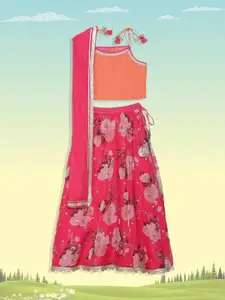 Biba Girls Pink & Orange Sequinned Ready to Wear Lehenga & Blouse With Dupatta