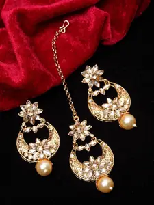 PANASH Gold-Plated White Stone Studded Maang Tikka & Earring Set