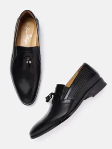 Louis Philippe Men Black Leather Formal Slip-Ons with Tassel & Texture Detail