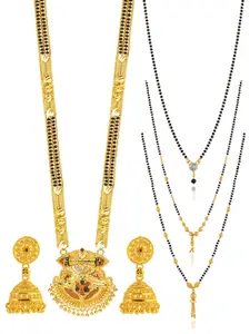 Brandsoon  Set of 4 Gold-Plated Black Beaded Mangalsutra With Earrings