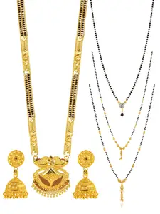 Brandsoon Set Of 4 Gold-Plated White Stone-Studded & Black Beaded Mangalsutra With Earrings