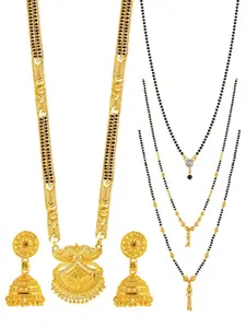 Brandsoon Set Of 4 Gold-Plated Black Stone-Studded & Beaded Mangalsutra With Earring Set
