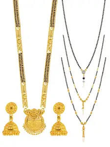 Brandsoon Set Of 4 Black & White-Toned & Gold-Plated Beaded Mangalsutra With Earrings