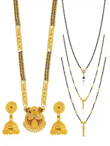 Brandsoon Set Of 4 Gold-Plated Black Beaded Mangalsutra With Earring Set