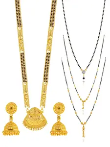 Brandsoon Set Of 4 Gold-Plated & Black Beaded Mangalsutra With Earring Set