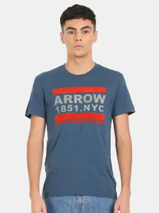 Arrow Men Blue Typography Printed Pure Cotton Regular Fit T-shirt