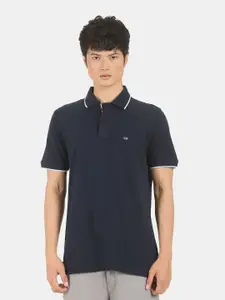 Arrow Men Navy Blue & White Solid Cotton Polo Collar T-shirt