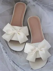 HASTEN Women White Open Toe Flats with Bows