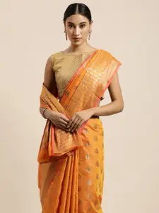 Saree Swarg Mustard & Gold-Toned Ethnic Motifs Zari Silk Cotton Banarasi Sarees