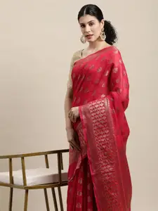 Saree Swarg Red & Gold-Toned Ethnic Motifs Zari Silk Cotton Banarasi Sarees