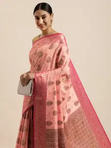 Saree Swarg Pink & Gold-Toned Ethnic Motifs Zari Silk Blend Banarasi Sarees