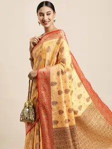 Saree Swarg Yellow & Gold-Toned Ethnic Motifs Zari Silk Blend Banarasi Sarees
