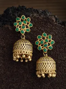 PANASH Gold-Plated Green Stone Dome Shaped Jhumka Earrings
