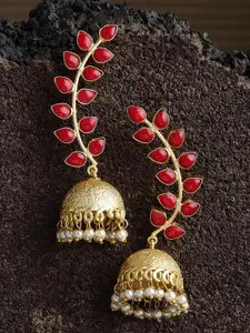 PANASH Gold-Plated Red Stone Dome Shaped Handcrafted Pearl Drop Earrings