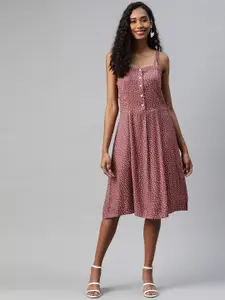 Ayaany Dusty Pink & White Polka Dot Print Fit & Flare Dress