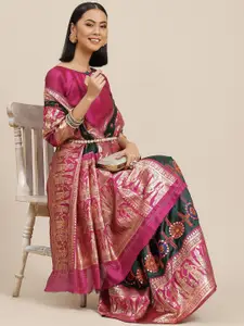 SERONA FABRICS Green & Pink Woven Design Zari Silk Blend Banarasi Saree