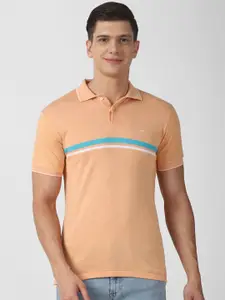 Peter England Casuals Men Orange & Blue Striped Polo Collar Slim Fit T-shirt