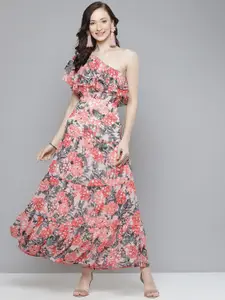 SASSAFRAS Women Peach-Coloured & White Floral One Shoulder Layered Maxi Dress